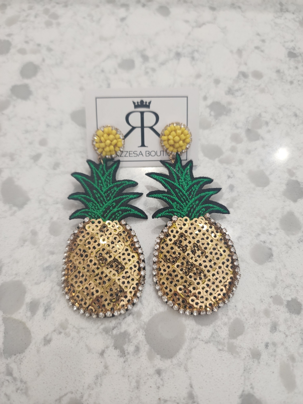 PrinZzesa Boutique Sequin Pineapple Statement Earrings - Green & Gold